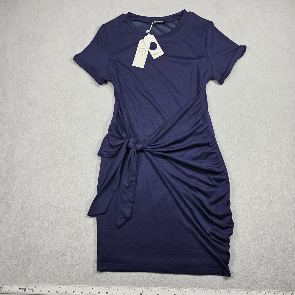Lillusory Dress Women Small Navy Blue Tie Front Ruched Solid Wash